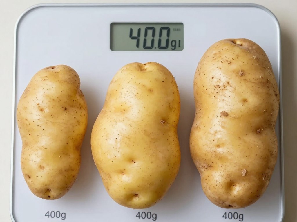 400 gramów ziemniaków na wadze kuchennej z podziałem na różne wielkości