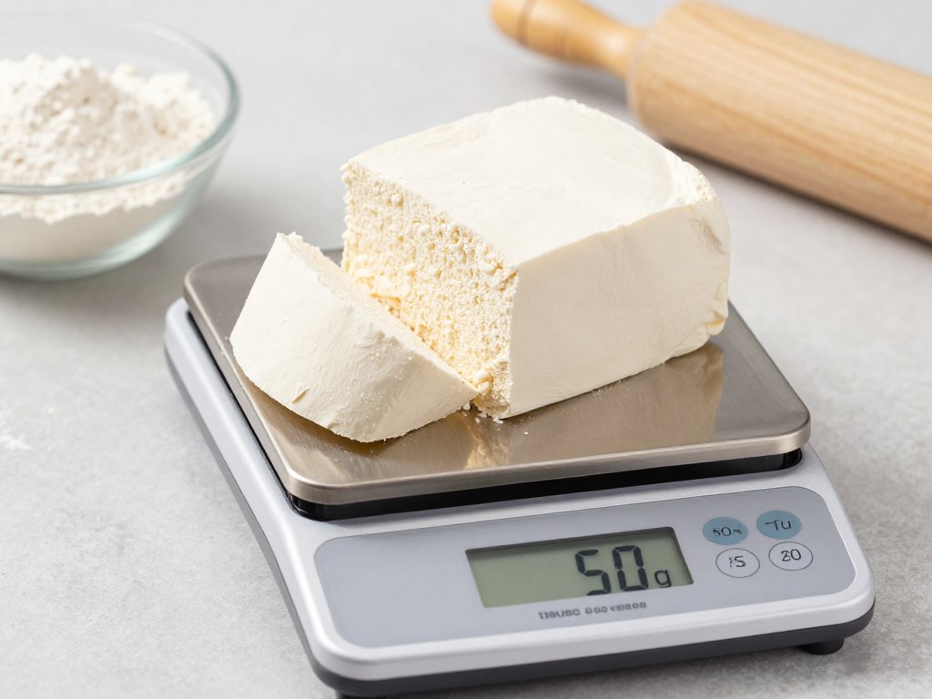 5 dag drożdży świeżych obok miarki pokazującej 50 gramów