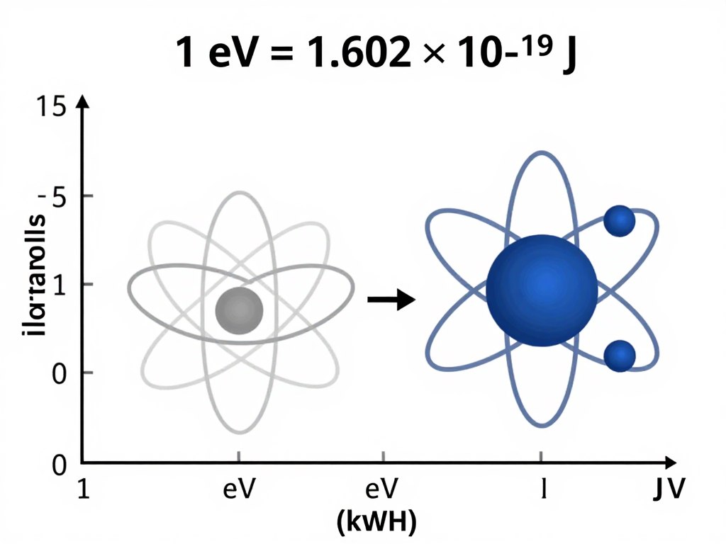 Diagram pokazujący przelicznik elektronowoltów na dżule z 1 kWh w kontekście
