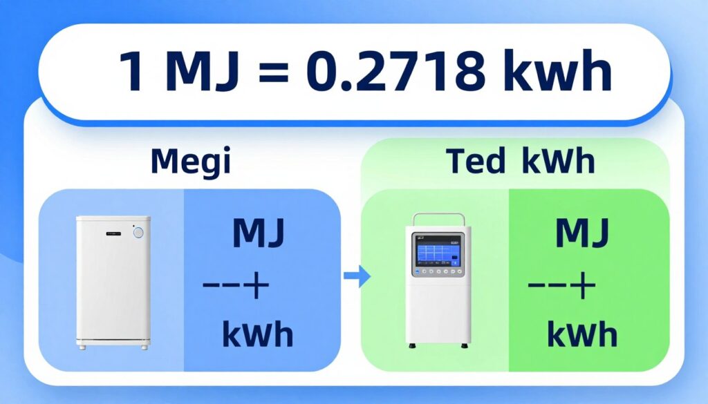 Diagram pokazujący przelicznik megadżuli (MJ) na kilowatogodziny (kWh) z przykładami