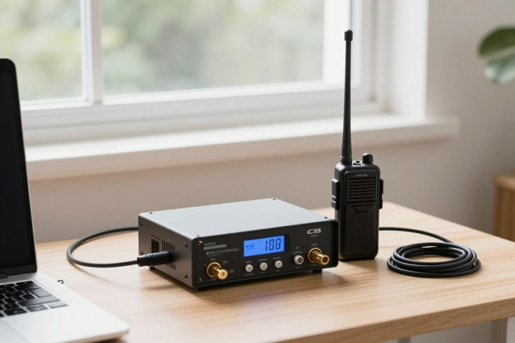 Domowa instalacja CB radia z zasilaczem i anteną zewnętrzną