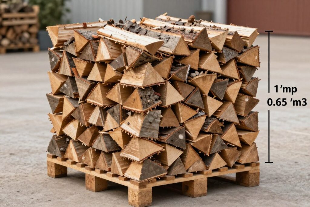 Drewno opałowe ułożone w stos o wymiarach 1m×1m×1m z oznaczeniem mp drewna ile to m3