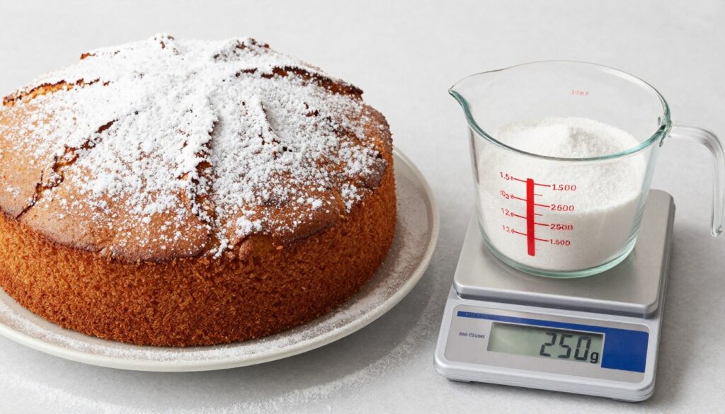 Duże ciasto posypane cukrem pudrem obok miarki pokazującej 1,5 szklanki cukru pudru