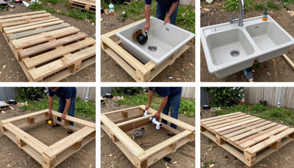 Etapy budowy zlewu ogrodowego z palet pokazane krok po kroku