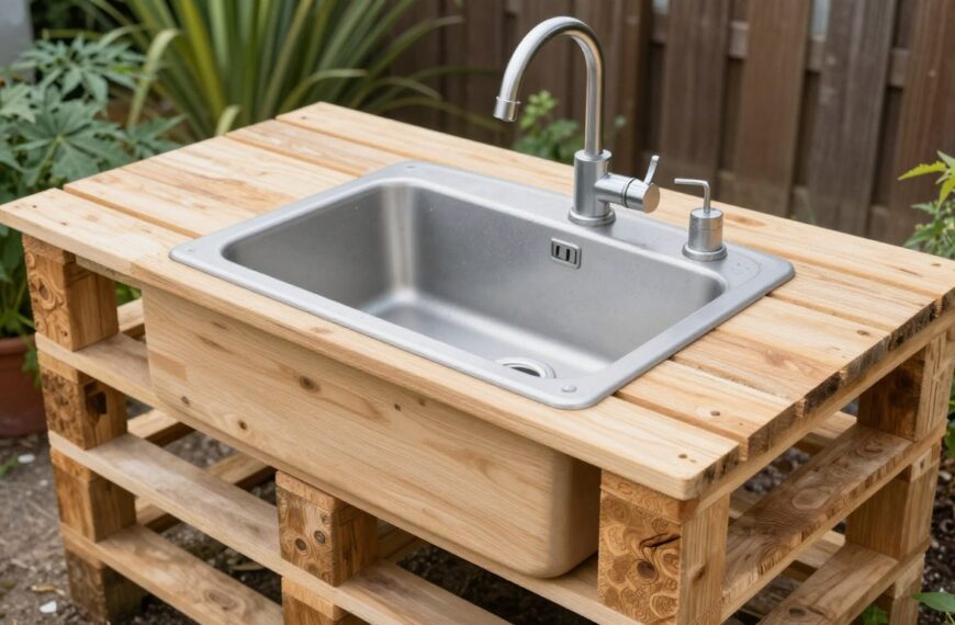 Gotowy zlew ogrodowy z palet ustawiony w ogrodzie z podłączoną wodą