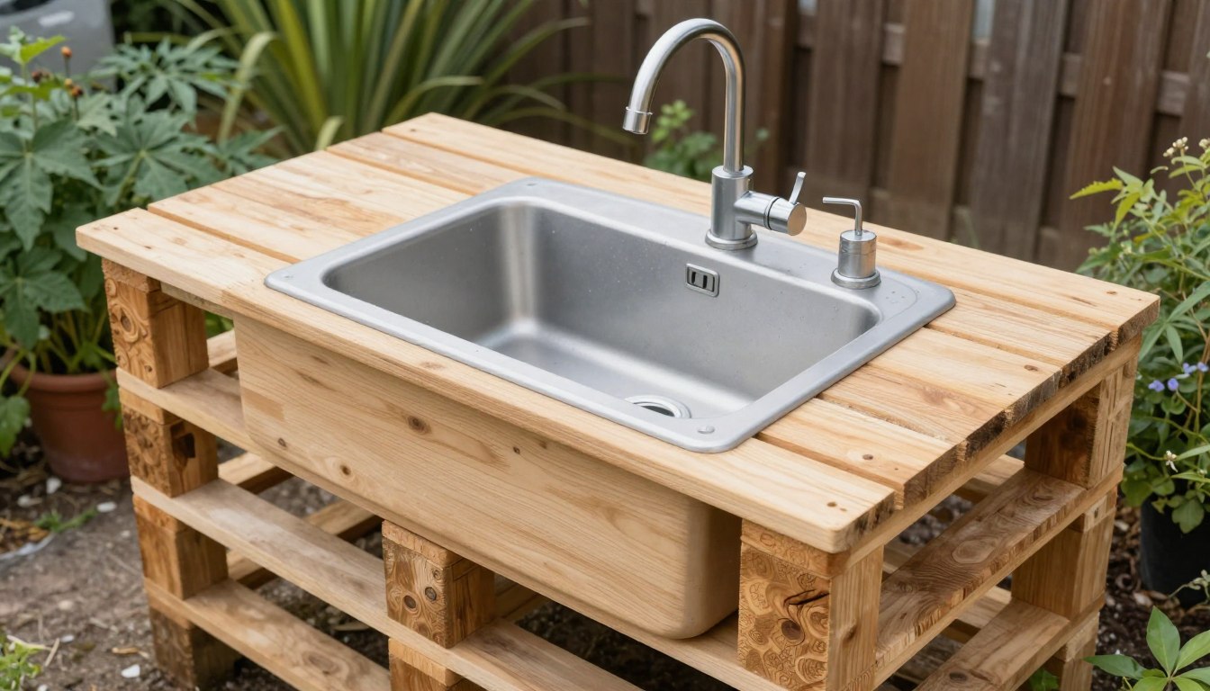 Gotowy zlew ogrodowy z palet ustawiony w ogrodzie z podłączoną wodą