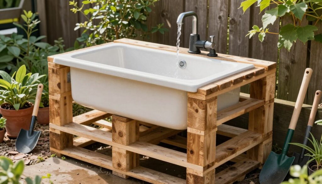 Gotowy zlew ogrodowy z palet w użyciu w ogrodzie