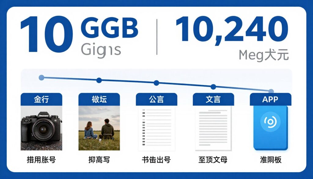 Graficzne przedstawienie przeliczenia 10 gigabajtów na 10240 megabajtów z przykładami zastosowań
