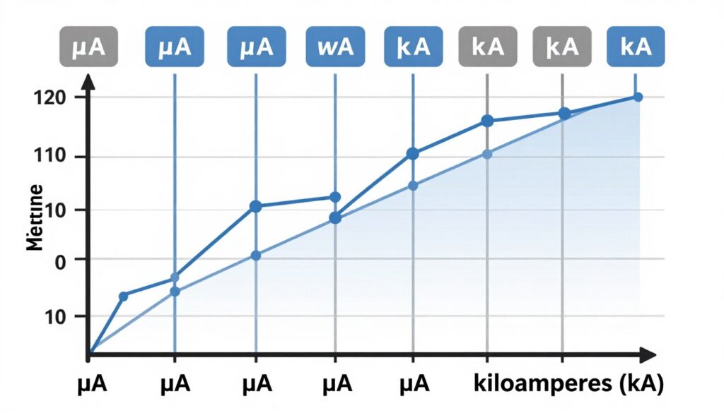 Hierarchia jednostek natężenia prądu od mikroamperów do kiloamperów