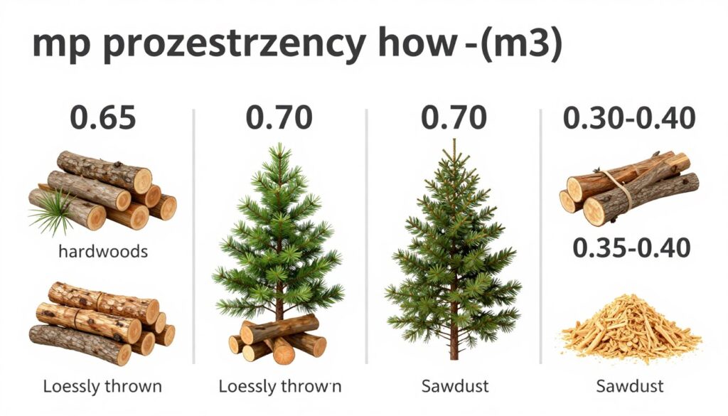 Infografika podsumowująca przeliczniki mp drewna na m3 dla różnych rodzajów drewna