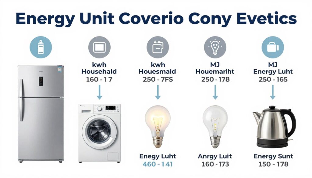 Infografika pokazująca praktyczne zastosowania przeliczników energii w domu z 1 kWh to ile j