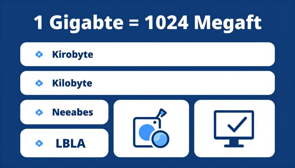 Infografika pokazująca, że jeden gigabajt zawiera 1024 megabajty, z wizualizacją tej relacji