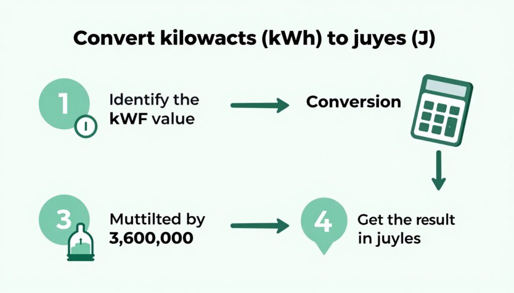 Infografika przedstawiająca proces zamiany 1 kWh na J krok po kroku