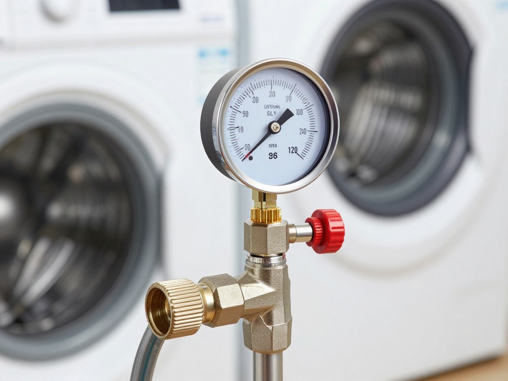 Instalacja hydrauliczna pralki z manometrem pokazującym ciśnienie wody