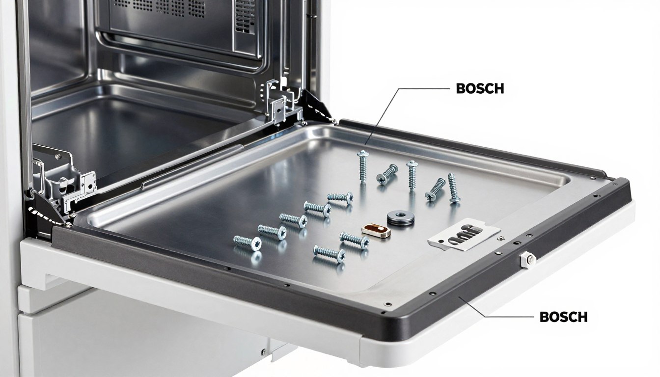 Instrukcja montażu frontu do zmywarki Bosch z rozłożonymi elementami montażowymi