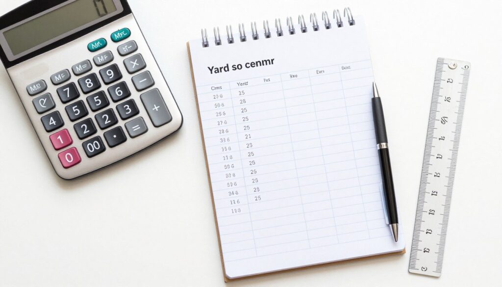 Kalkulator i notatnik z obliczeniami przeliczającymi jardy na centymetry