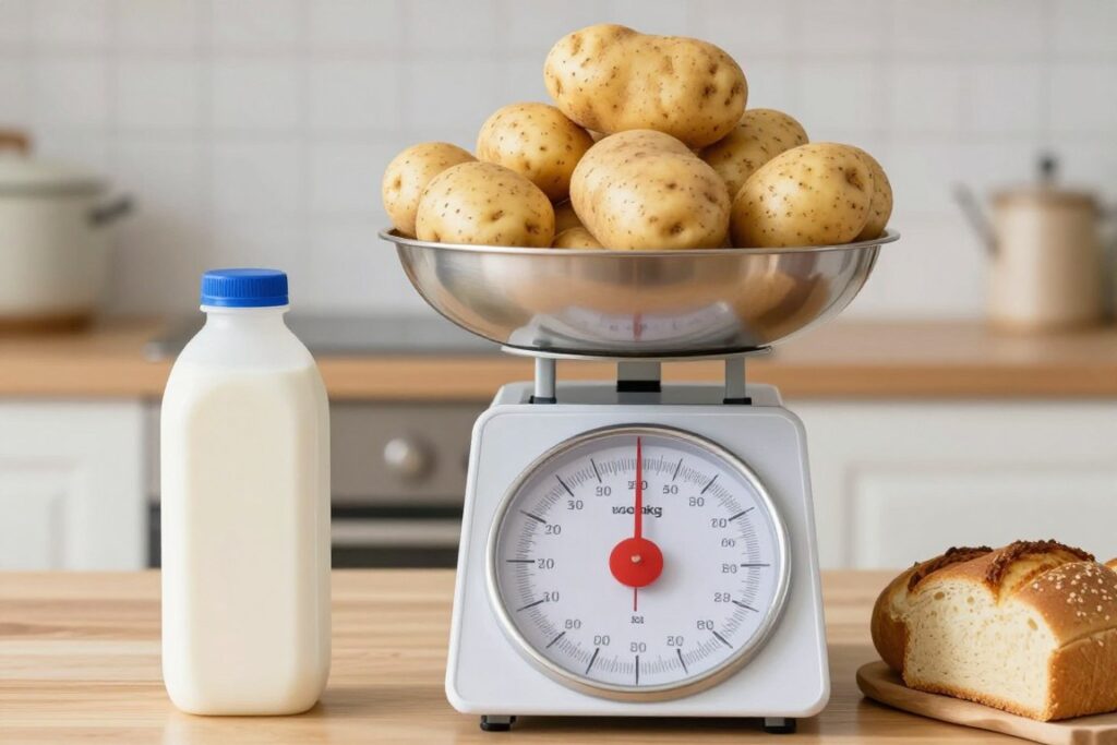 Kilogram ziemniaków na wadze kuchennej z porównaniem do innych produktów