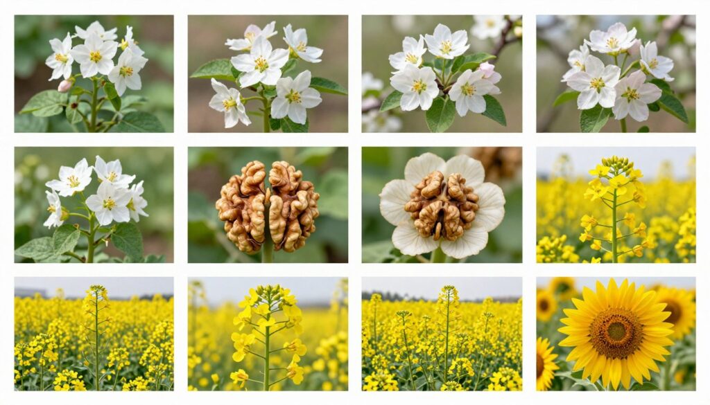 Kolaż różnych kwitnących roślin uprawnych w różnych porach roku