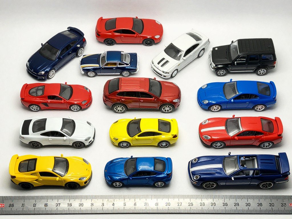 Kolekcja modeli samochodów w skali 1:64 z linijką pokazującą ich wymiary
