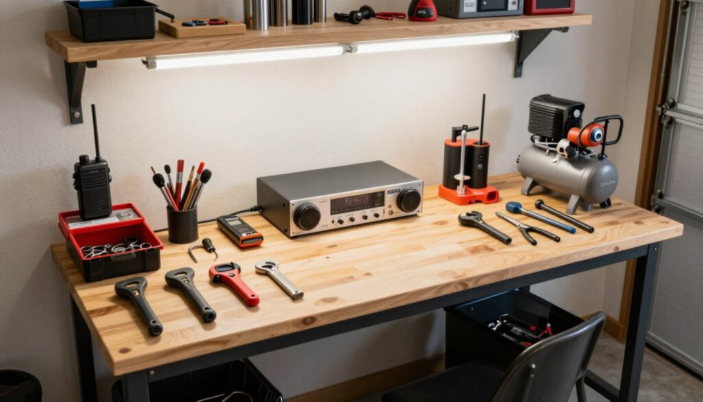 Kompletny warsztat DIY z CB radiem, kompresorem i narzędziami do naprawy