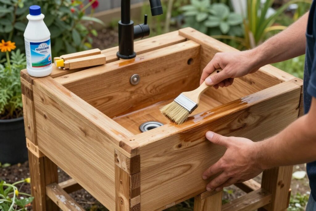 Konserwacja drewnianego zlewu ogrodowego z palet