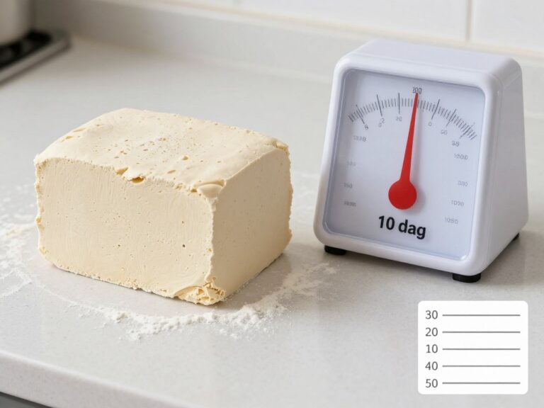 Kostka świeżych drożdży o wadze 100 g obok miarki pokazującej 10 dag