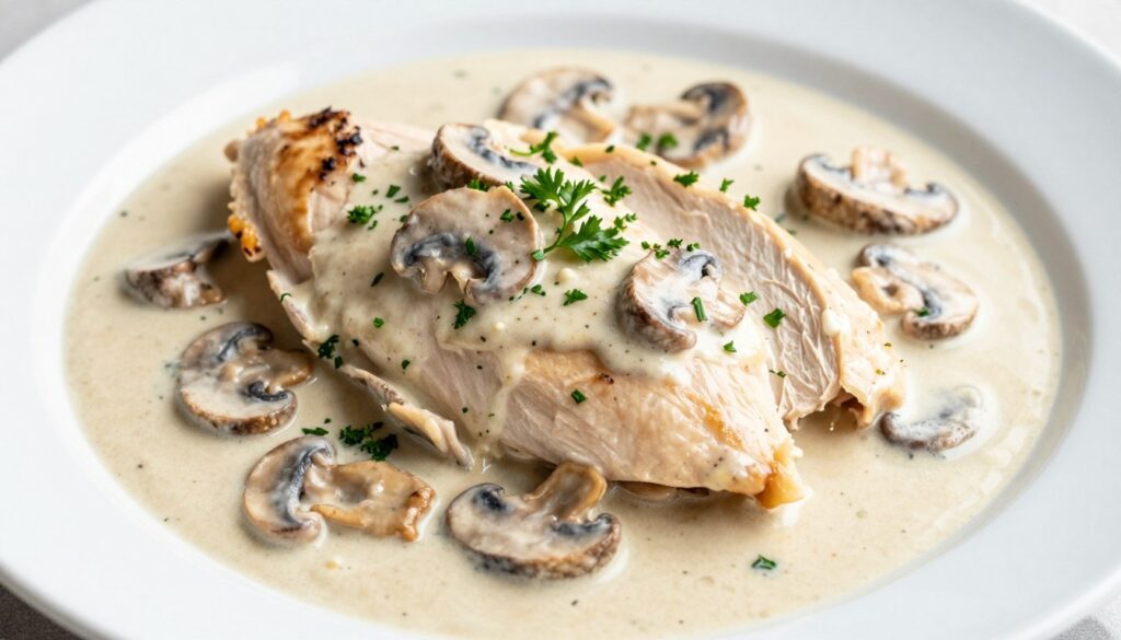 Kurczak w sosie śmietanowo-pieczarkowym - ciekawe danie z piersi kurczaka