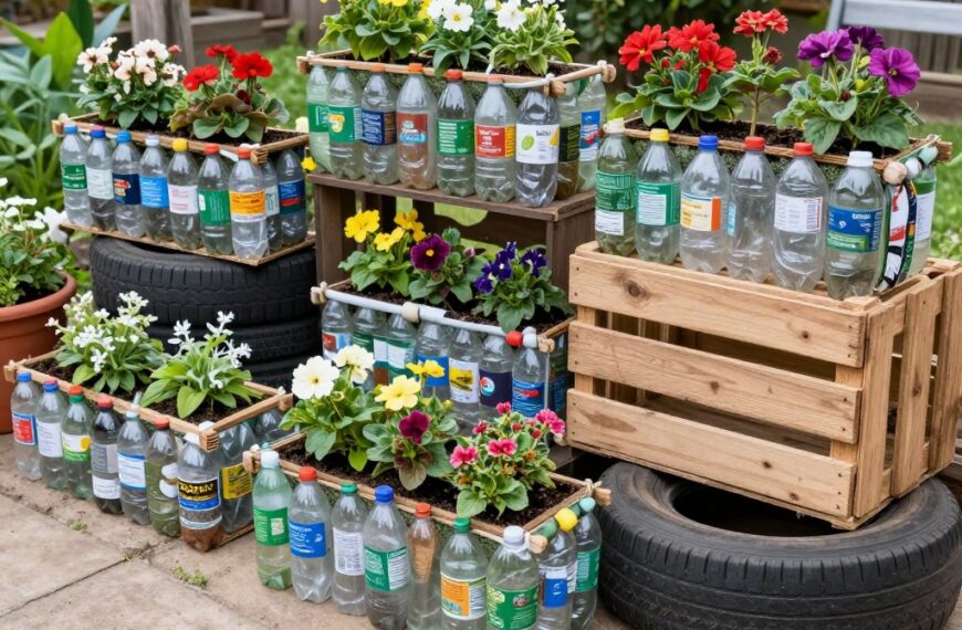 Kwietniki ogrodowe wykonane z różnych materiałów z recyklingu: butelki plastikowe, stare opony i skrzynki drewniane