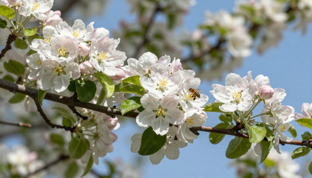 Kwitnąca jabłoń pokryta białymi i różowymi kwiatami wiosną