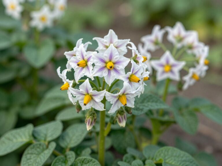 Kwitnące ziemniaki na polu z charakterystycznymi białymi lub fioletowymi kwiatami