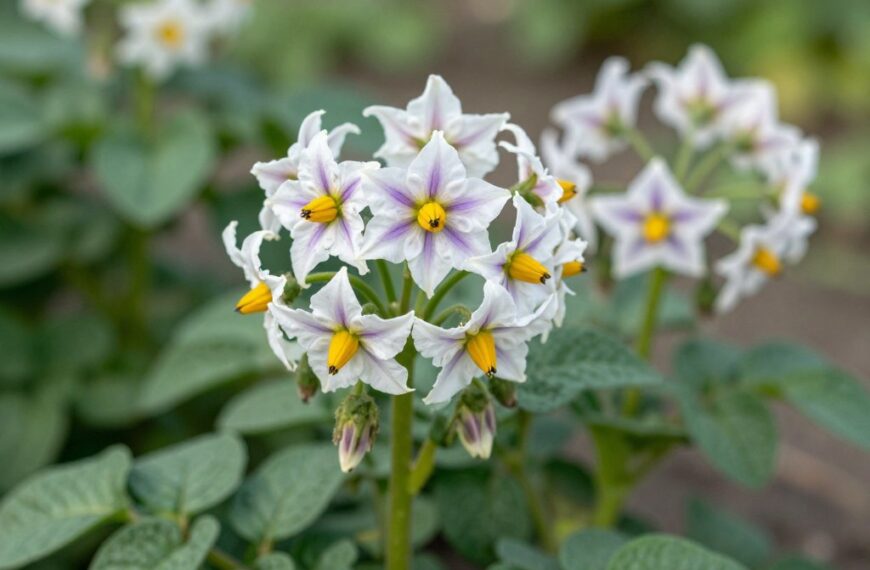 Kwitnące ziemniaki na polu z charakterystycznymi białymi lub fioletowymi kwiatami
