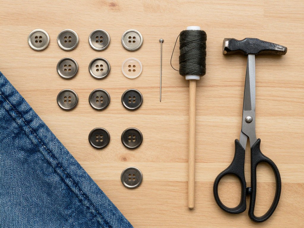 Materiały i narzędzia potrzebne do montażu guzika do jeansów
