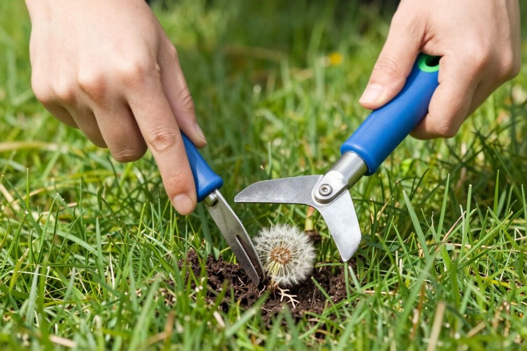 Mechaniczne usuwanie mlecza z trawnika za pomocą specjalnego narzędzia