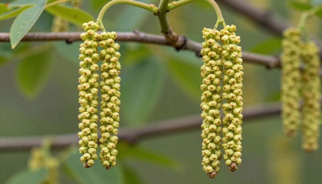 Męskie i żeńskie kwiaty orzecha włoskiego na gałęzi