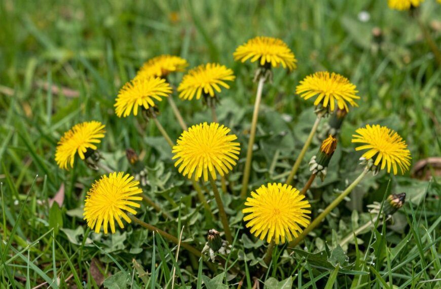 Mlecz na trawniku - żółte kwiaty mniszka lekarskiego rosnące wśród zielonej trawy