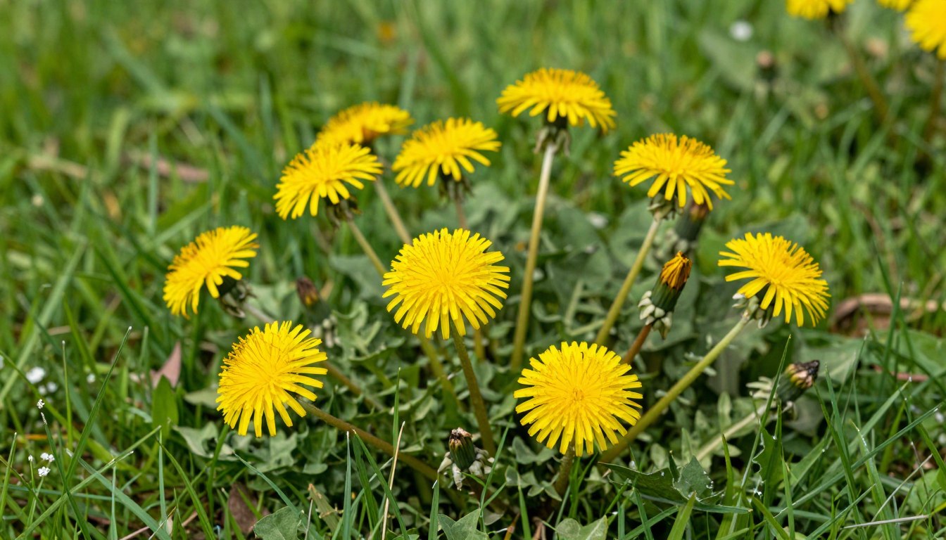 Mlecz na trawniku - żółte kwiaty mniszka lekarskiego rosnące wśród zielonej trawy