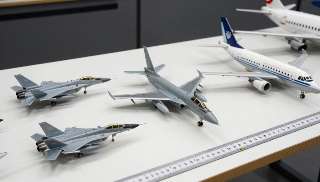 Modele samolotów w skali 1:72 z linijką pokazującą ich wymiary w centymetrach