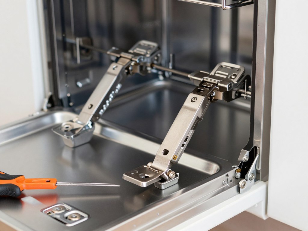 Montaż drzwi do zmywarki Bosch - widok na zawiasy i elementy łączące