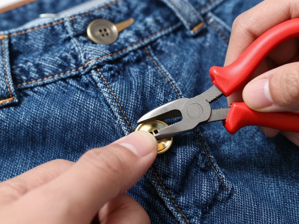 Montaż guzika do jeansów przy użyciu specjalnych szczypiec