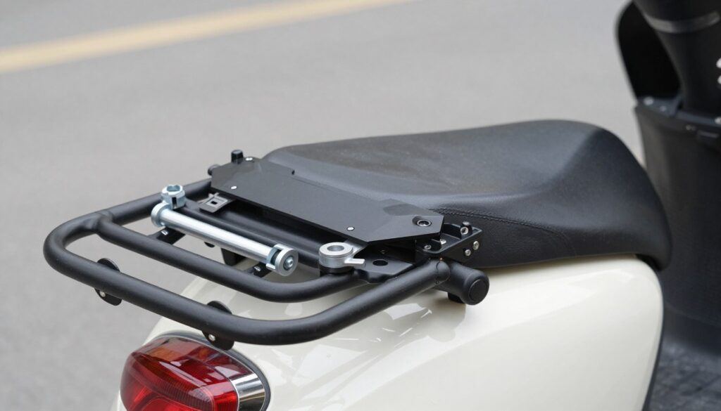 Montaż kufra do skutera z widocznymi elementami mocującymi i narzędziami