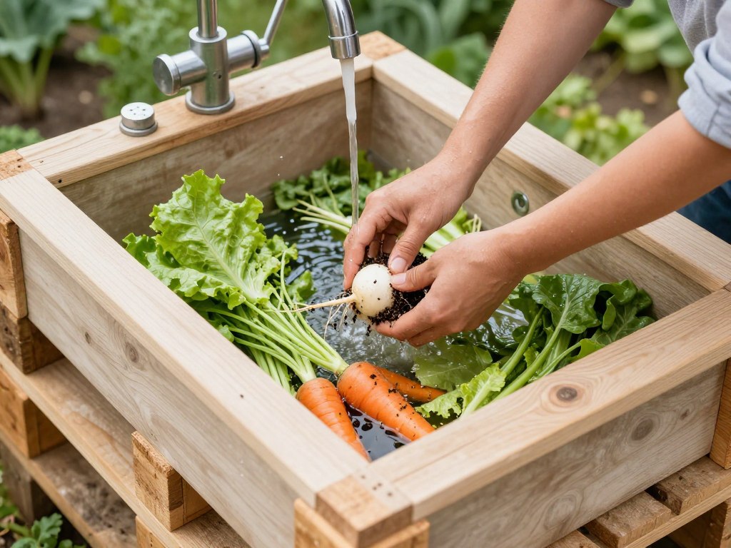 Mycie świeżo zebranych warzyw w zlewie ogrodowym z palet
