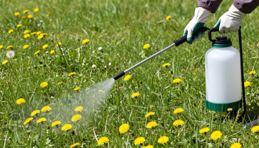 Opryskiwanie mlecza na trawniku herbicydem selektywnym