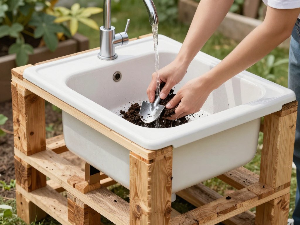 Osoba myjąca narzędzia ogrodowe w zlewie wykonanym z palet
