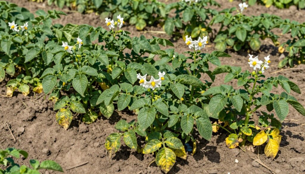 Plantacja ziemniaków z widocznymi objawami stresu wodnego wpływającego na kwitnienie