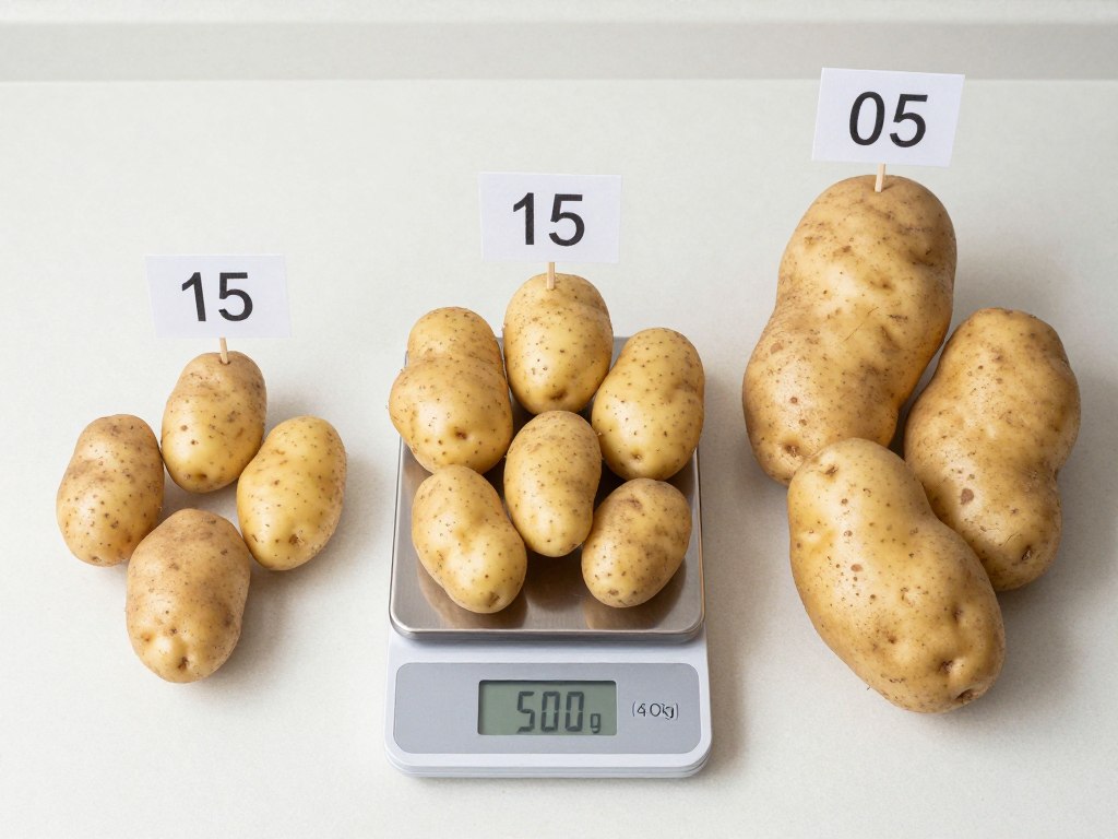 Pół kilograma ziemniaków różnej wielkości z oznaczeniem liczby sztuk