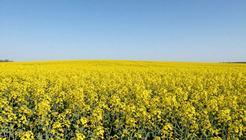 Pole rzepaku w pełnym kwitnieniu z intensywnie żółtymi kwiatami