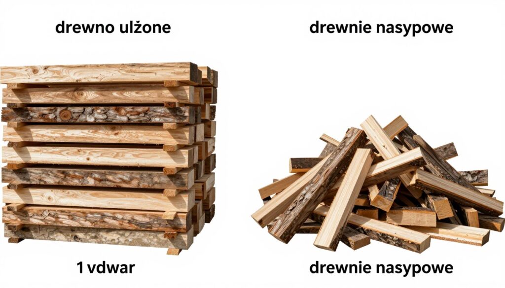 Porównanie drewna ułożonego i nasypowego o tej samej objętości przestrzennej