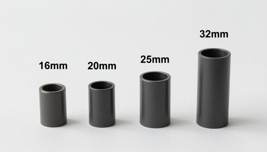 Porównanie różnych średnic rur PEX: 16mm, 20mm, 25mm i 32mm