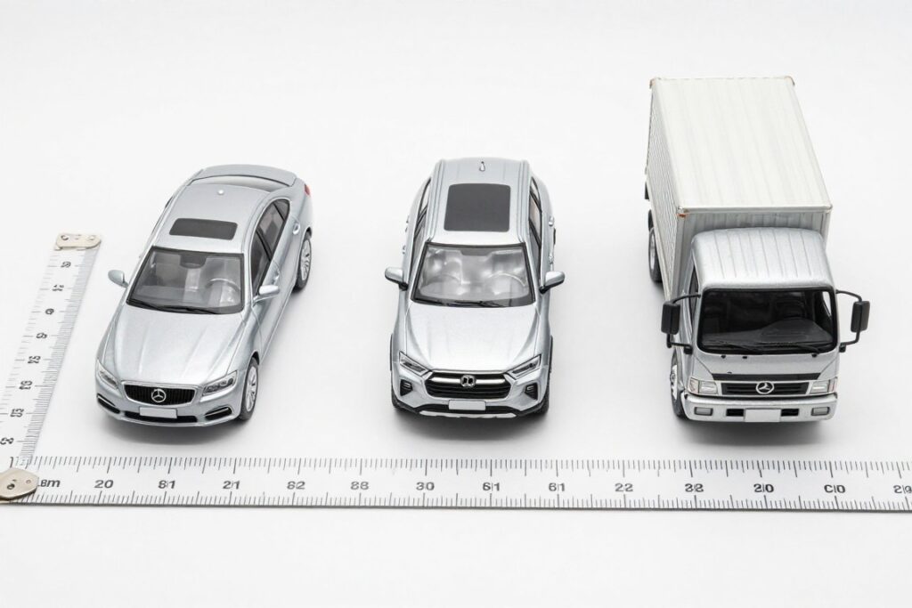 Porównanie różnych typów modeli pojazdów w skali 1:24 z wymiarami w centymetrach