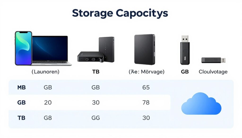 Porównanie różnych urządzeń i ich typowych pojemności pamięci w TB, GB i MB